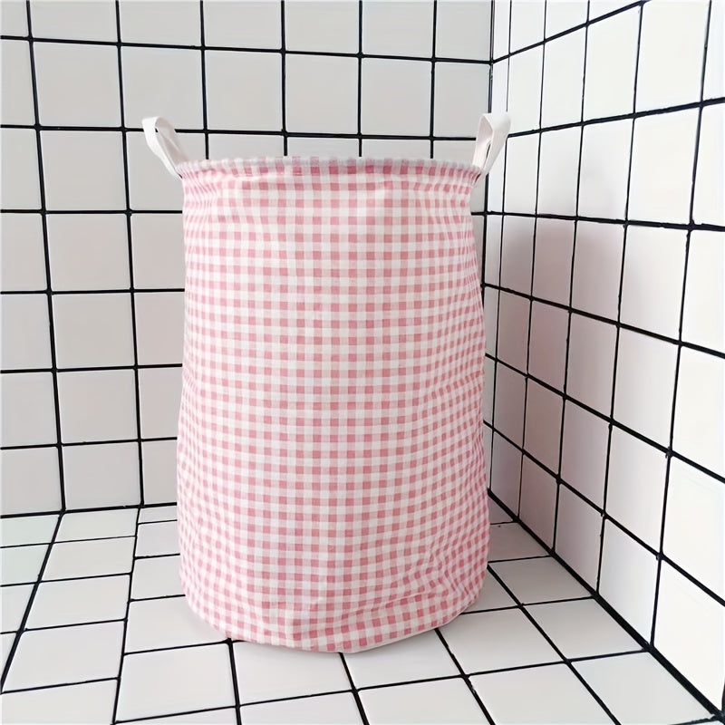 1 piece of plaid printed pink hamper, a foldable fabric storage basket for dirty clothes, suitable for use in the bathroom, bedroom, living room, or dorm. Perfect for organizing and storing household items such as clothes and toys. Can also be used as a