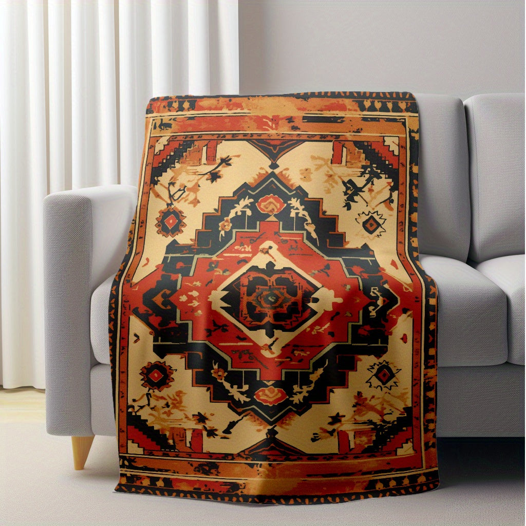 Soft and cozy contemporary knitted polyester flannel throw blanket featuring an ethnic carpet pattern digital print. This lightweight plush fleece is perfect for all seasons and can be used for sofa, home leisure, office nap, camping, and travel. It is