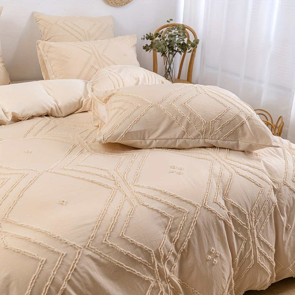 Boho Tufted Duvet Cover Set 1 ta Duvet Cover va 1 yoki 2 ta Yostiq qopqog'ini o'z ichiga oladi (Yadro kiritilmagan). Geometrik Tekstura dizayni va Zipper yopilishi bilan ta'minlangan, bu Yumshoq va Yengil to'shak to'plami barcha fasllar uchun mukammaldir.