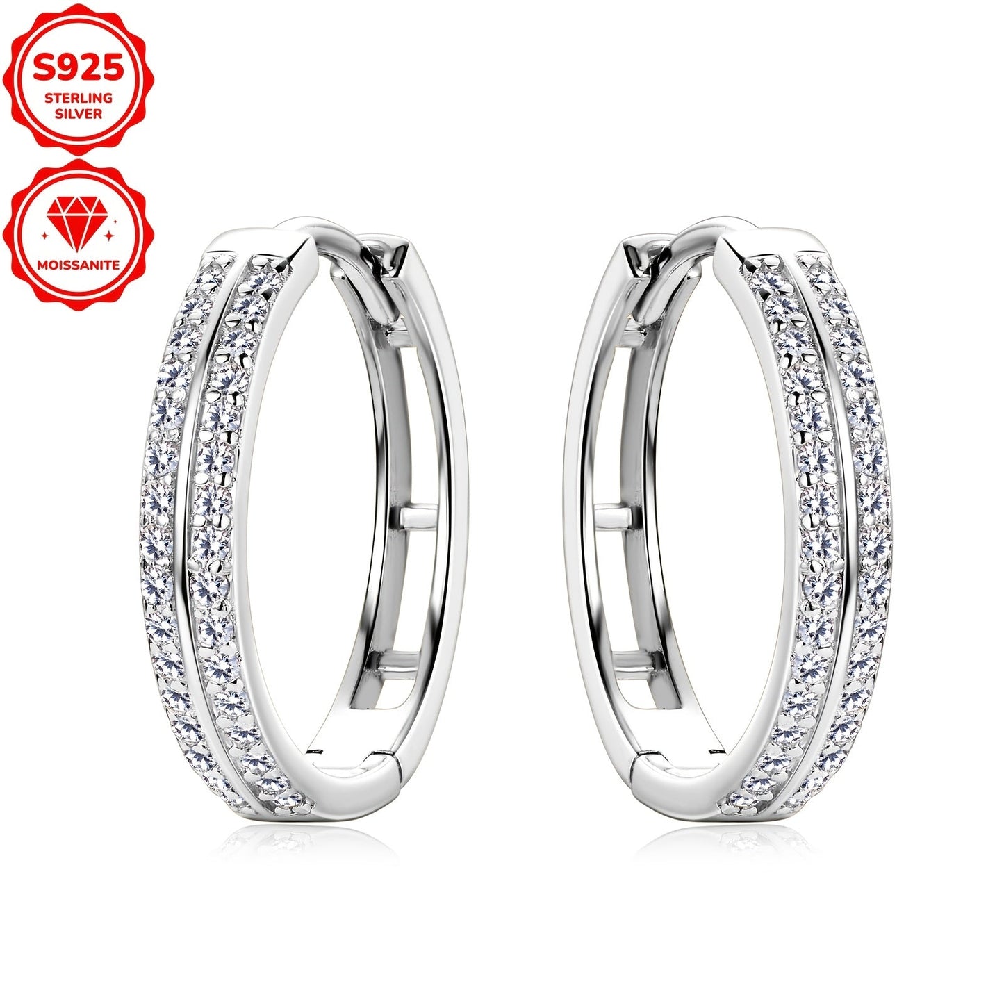 Pair of Moissanite Earrings crafted in 925 Sterling Silver with a silvery Gram Weight of 2.72g. Features 64pcs of Moissanite stones measuring 1mm each, totaling 0.16ct per earring. These Women's Fashion Hoop Earrings have an inner diameter of 15mm.