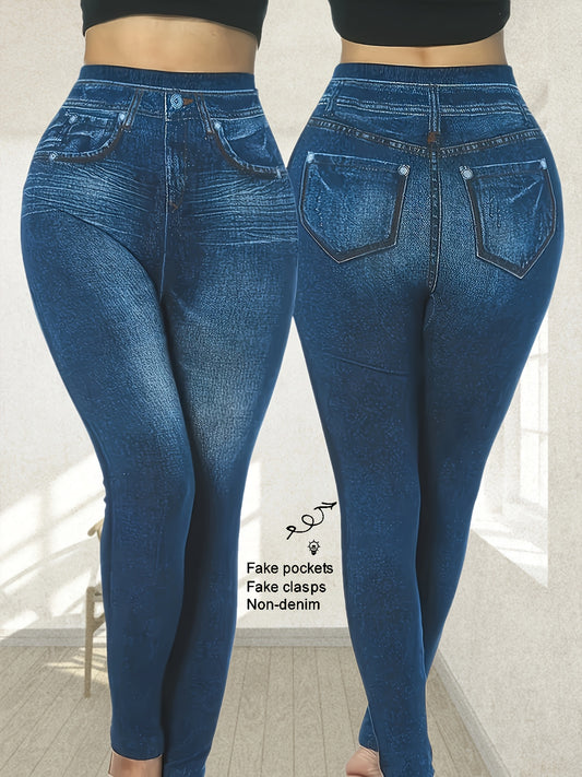 Stretch denim-look leggings for plus size women with high elasticity, faux pockets, and smooth fabric. Perfect for vacations and everyday wear.