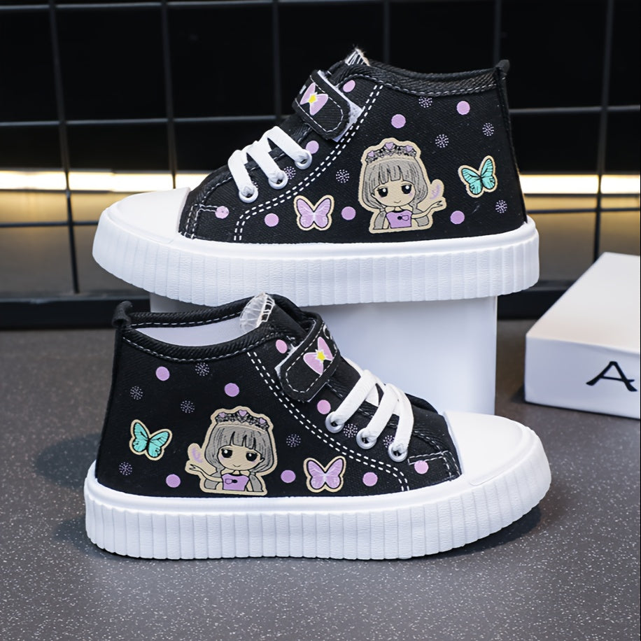 Cute high-top canvas shoes for girls featuring cartoon character, durable sole, and breathable design - perfect for everyday wear in spring and autumn.