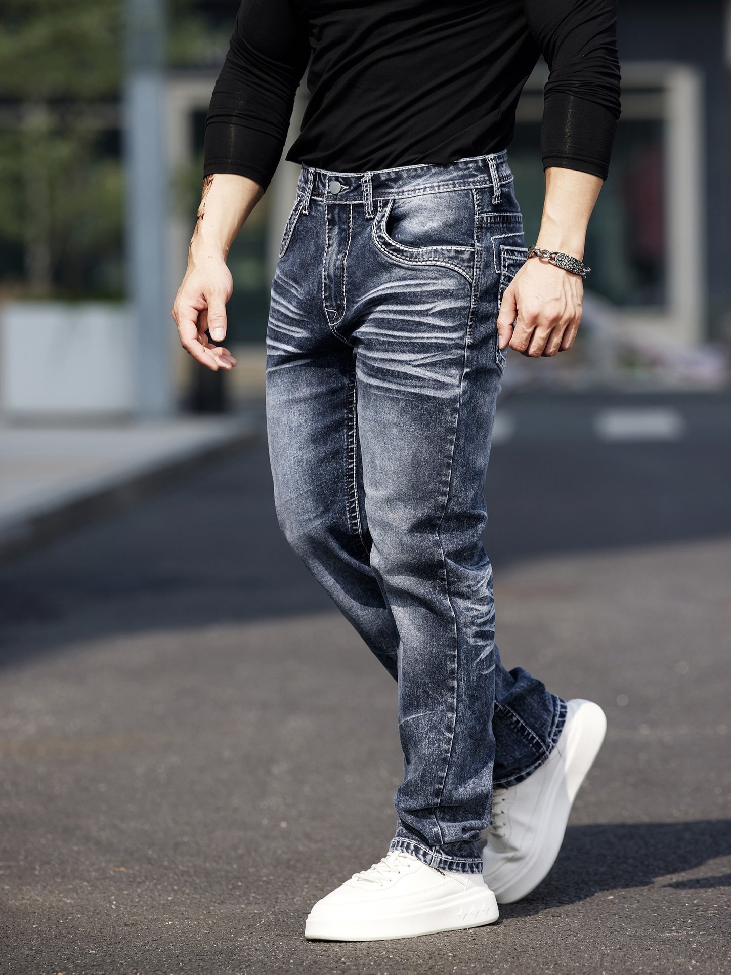 Men's Vintage-Inspired Embroidered Stretch Jeans with Patchwork Detailing - Slim Fit, Mid-Rise, Machine Washable