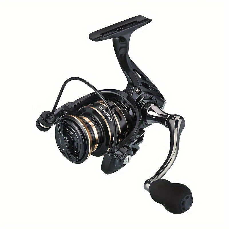 DEUKIO Ambidextrous Spinning Fishing Reel in black with 5.2:1 gear ratio and durable metal construction, suitable for both freshwater and saltwater angling.