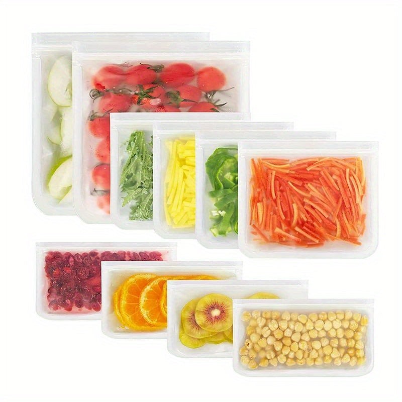 Food safe reusable stand up zip bags made from polyethylene silicone, designed with leak-proof technology for fresh food preservation. The bags feature a rectangular shape and an in-line skate design for easy storage and transportation.