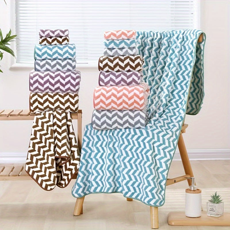 8-piece Chevron Stripe Towel Set for quick-drying absorbency in bathroom, Home, Hotel, and Spa. Includes 2 Bath Towels, 2 Hand Towels, and 4 Washcloths made of 280gsm Polyester.