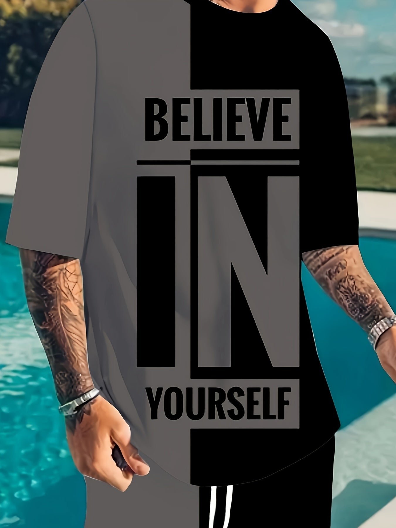 Believe In Yourself" plus size men's summer set with printed t-shirt and shorts.