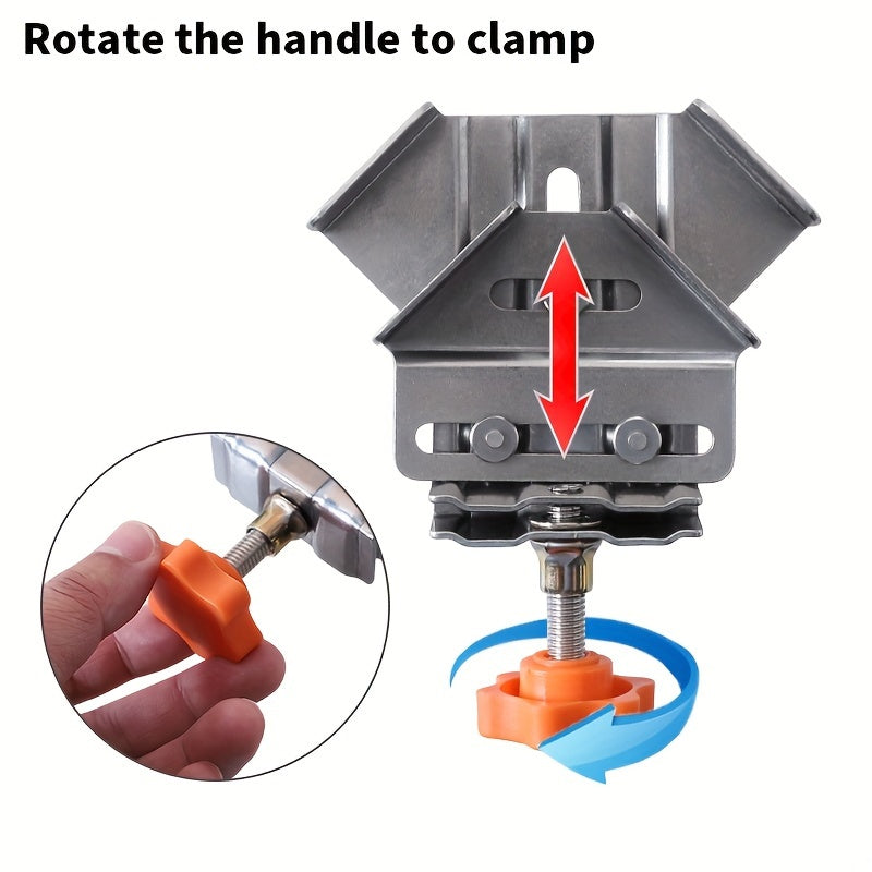 Stainless steel corner clamp for woodworking, with adjustable positioning and durable plastic components.