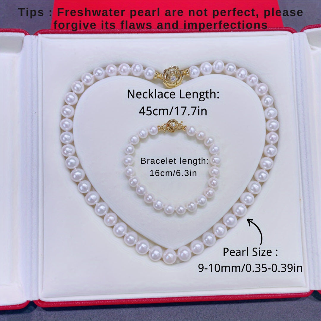 Vintage luxury style Elegant Freshwater Pearl Jewelry Set featuring a beautiful Camellia clasp, includes both necklace and bracelet. Ideal for Mother's Day and special occasions.