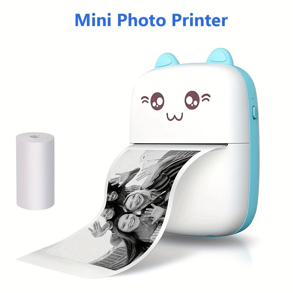 Portable mini wireless thermal printer with app connectivity and USB charging. Monochrome output, rechargeable lithium battery, thermal paper compatible, no ink required. Perfect for photos