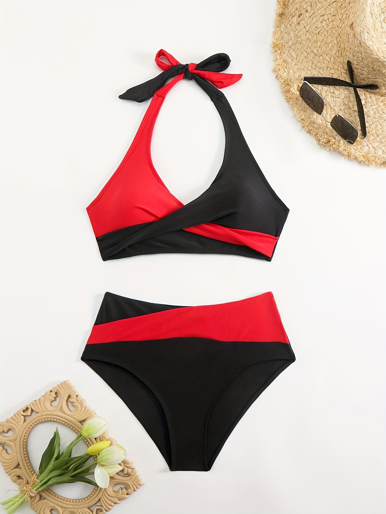 Women's two-piece bikini swimsuit with solid color and sexy patchwork design, featuring a multi-color pattern and neck strap.