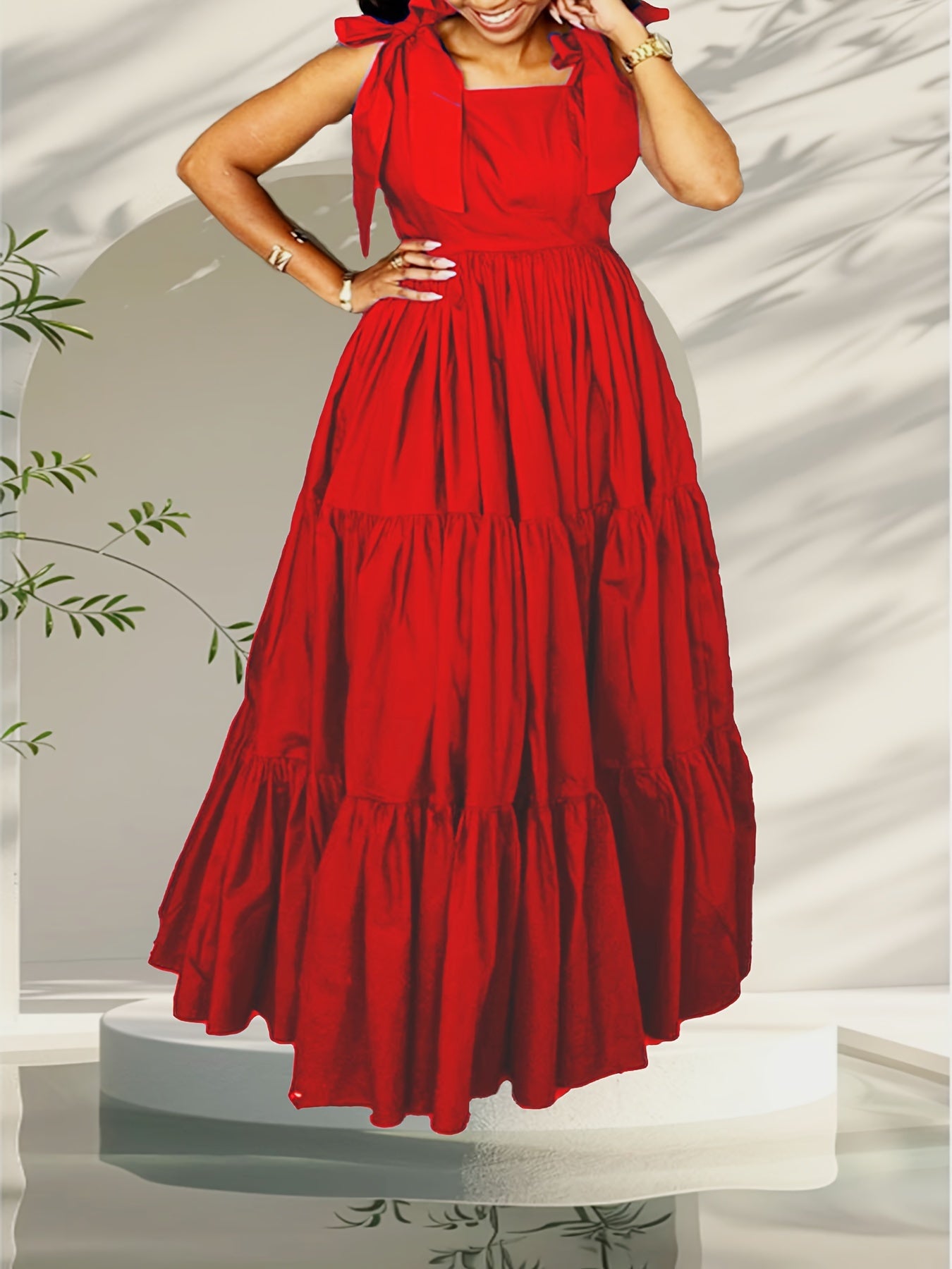 Stylish summer maxi dress for women with bow tie straps, cinched waist, solid color, and machine washable.