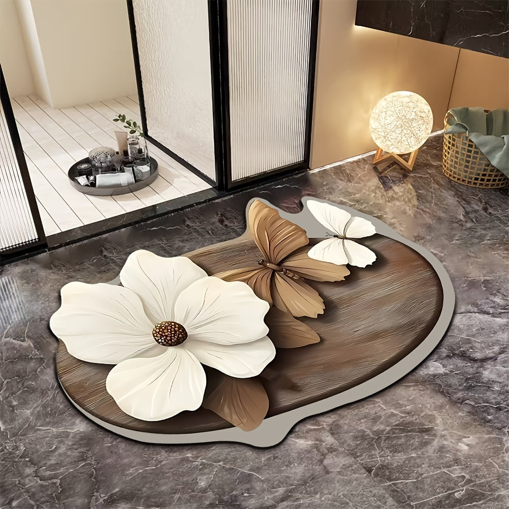 3D flower and butterfly pattern non-slip mat for bathroom, water-absorbent and quick-drying. Hand wash only, made of diatom mud material with rubber backing. Oval shape, machine made with