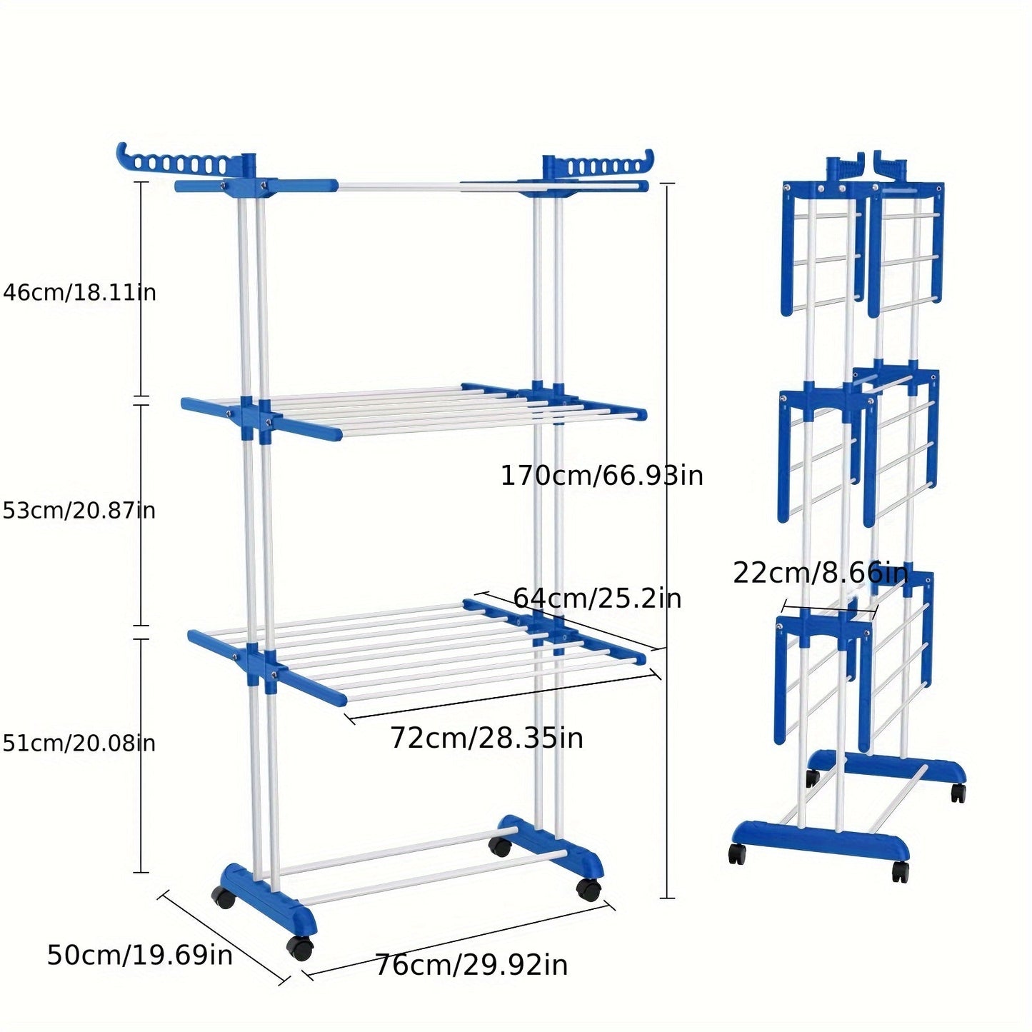 Floor Standing Drying Rack with Movable Telescopic 3-Layer Towel Rack, Multi-Functional Household Balcony/Outdoor Folding Clothes Drying Rack (Roller Type)