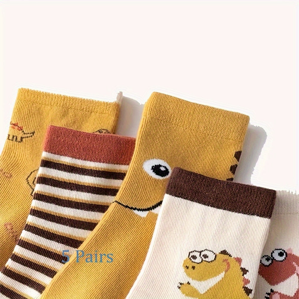 Five pairs of boys' cartoon little dinosaur socks for autumn and winter, featuring fashion color block design.