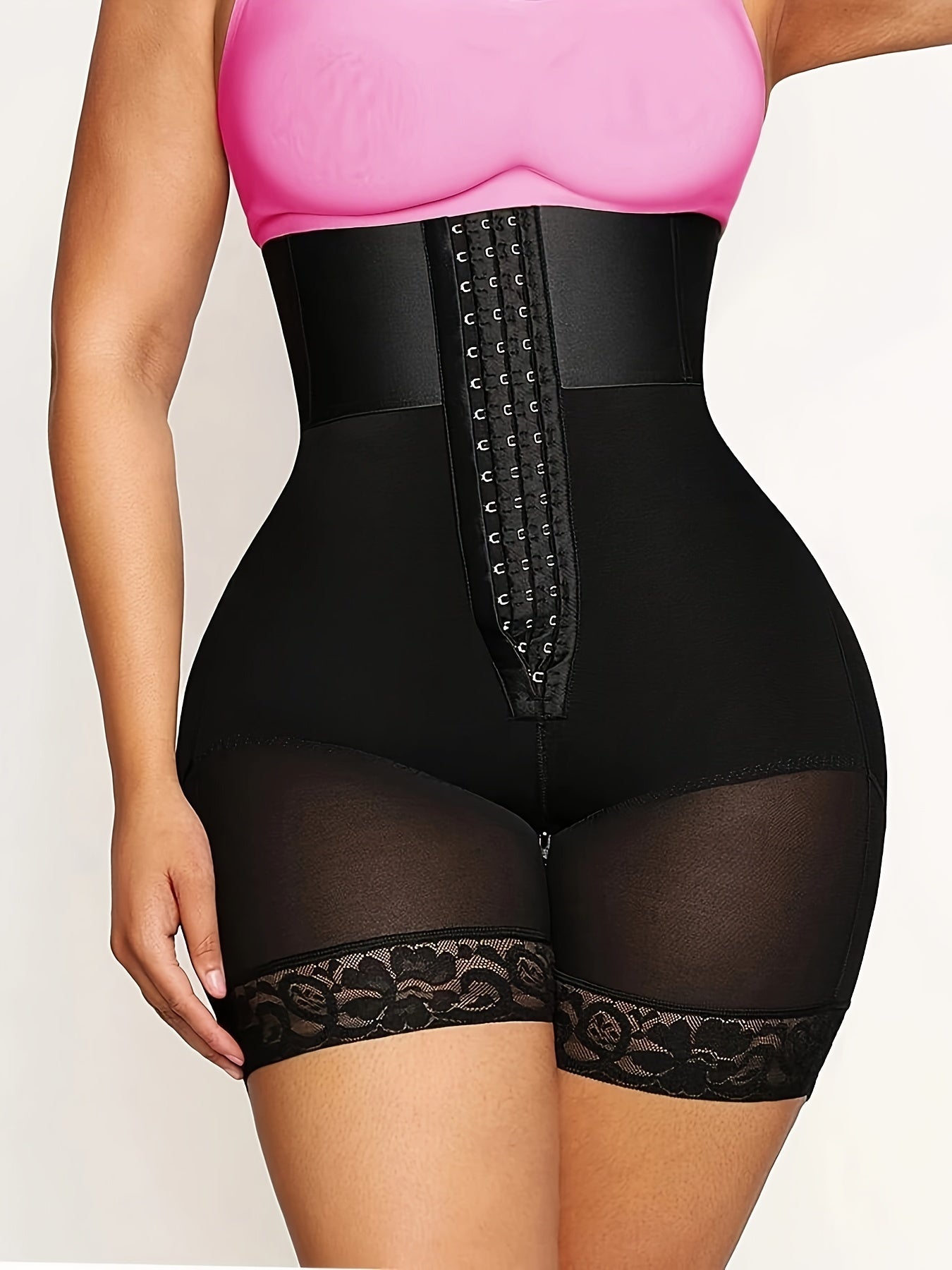 High-waist shapewear shorts with tummy control and lace trim, seamless body shaper for slimming under dresses.