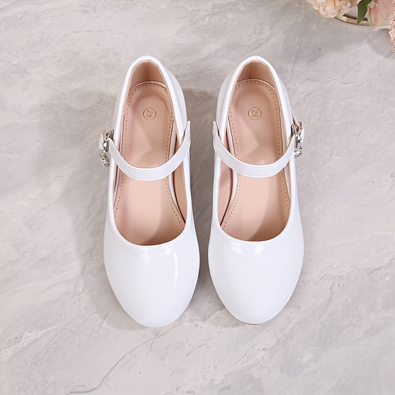 Girls' Princess High Heel Ballet Shoes in British campus style, ideal for weddings and formal events. Available in black, white, pink, and golden colors with a durable TPR sole.