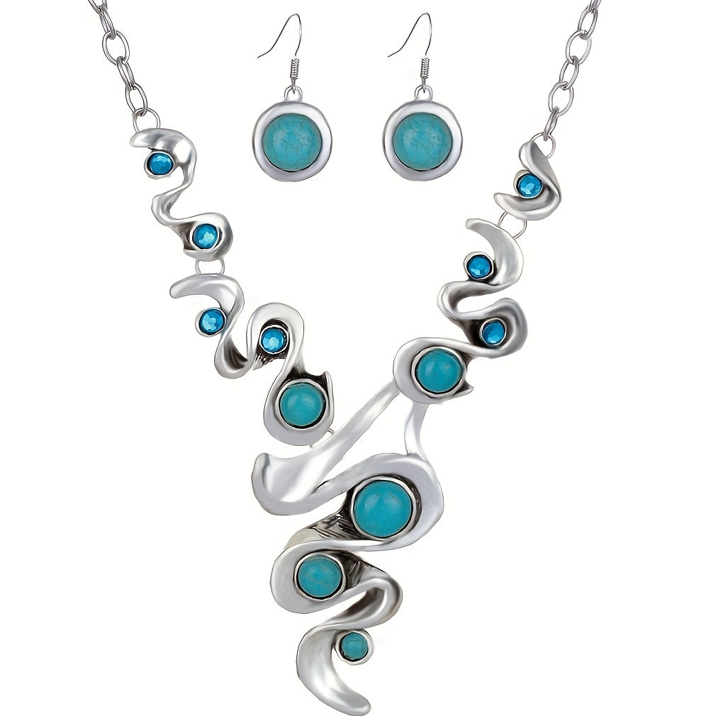 Alloy Necklace and Drop Earrings Combo in Vintage Boho Style with Turquoise Zirconia for Both Casual and Formal Events