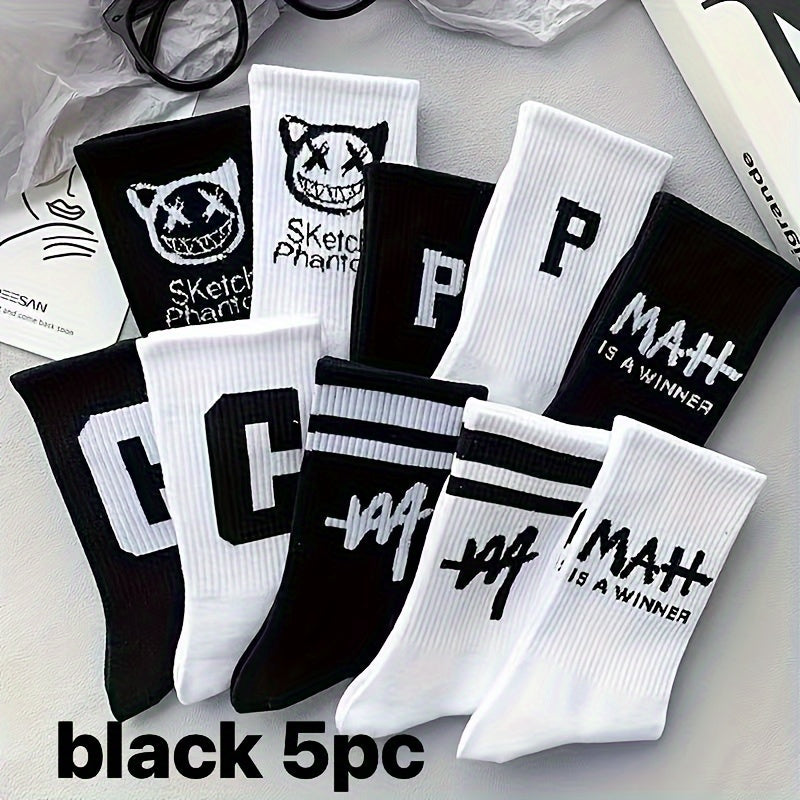 5 pairs of unisex couple sports socks with geometric pattern, made of 95% polyester and 5% spandex. Suitable for basketball and spring/autumn season. Color: Black and white. Mid-calf length.