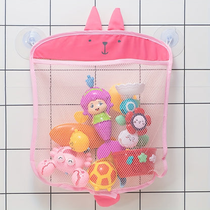 Hanging bath toy organizer with cute animal design and suction cups for easy storage of toys and bathroom items without needing electricity.