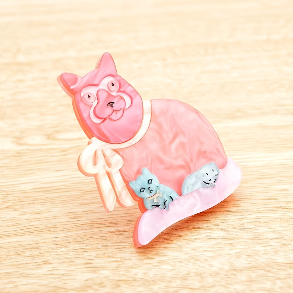 Fashion Pin featuring a Cute Cartoon Animal Design of a Cat Mom and Kitten, Handcrafted from Acrylic