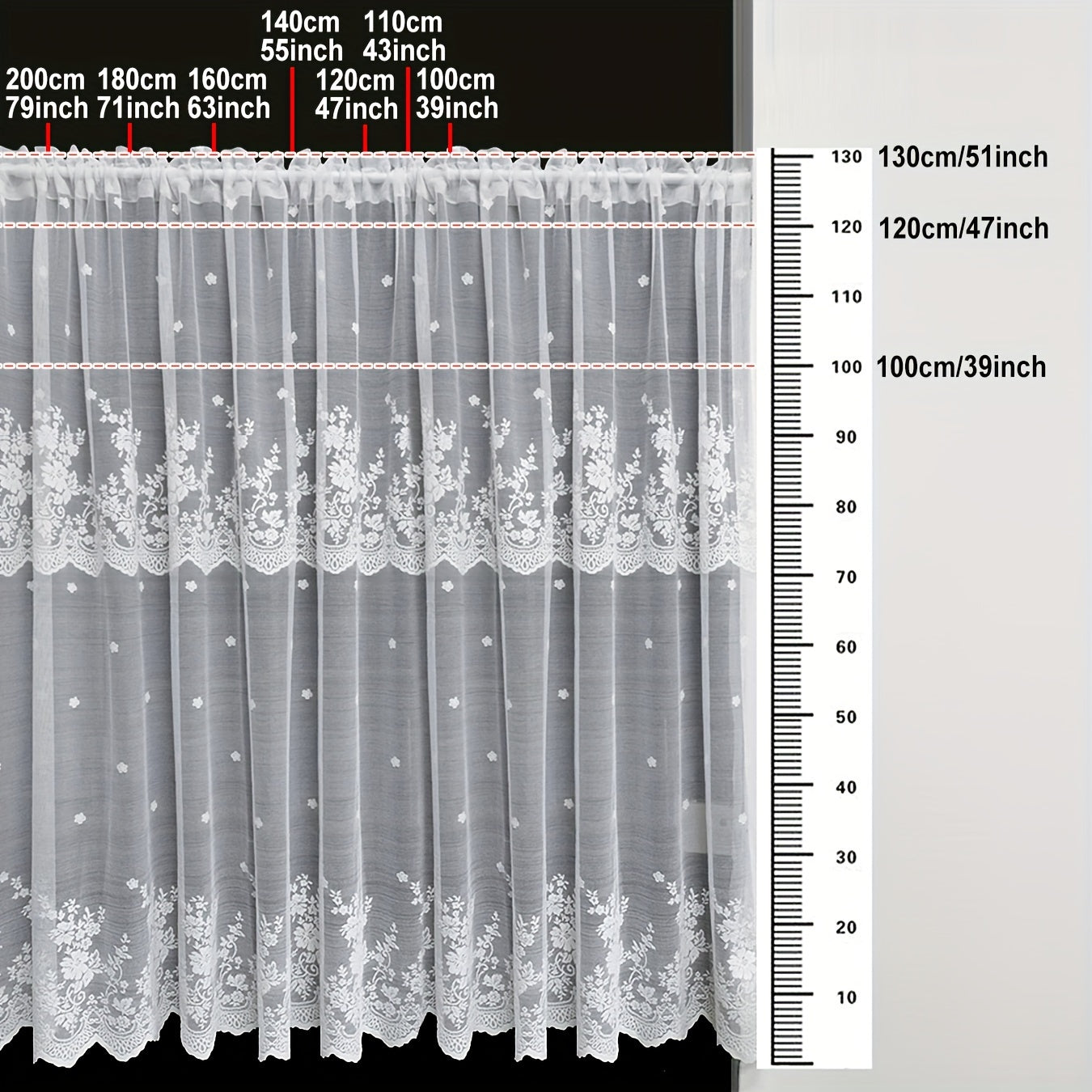 One piece of Romantic White Lace Curtain Panel, with adjustable length and machine washable. Featuring a delicate floral pattern, perfect for adding a touch of elegance to your bedroom, kitchen, or coffee shop decor.