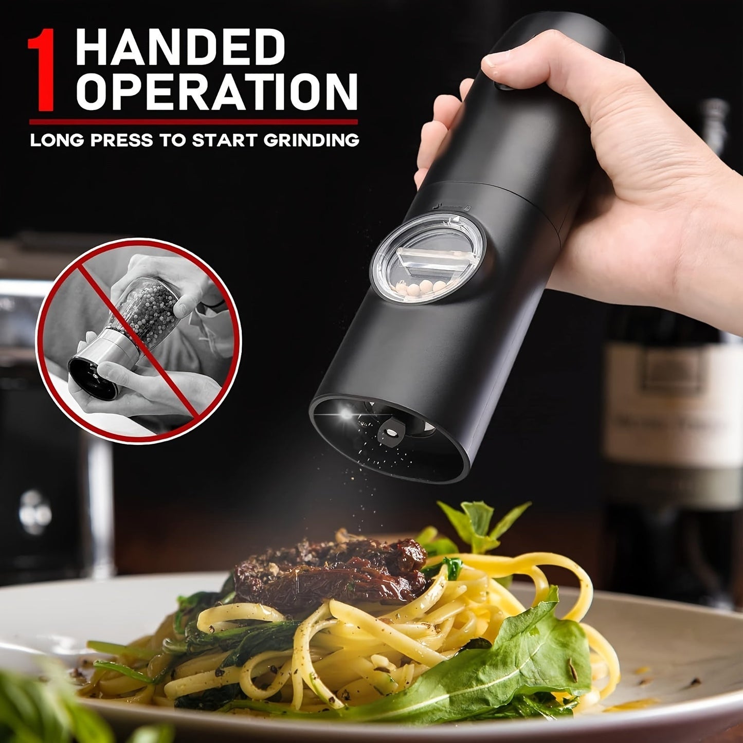 Portable Two-Pack with Charging Base containing LED Light Electric Tool for grinding Sea Salt, Black Pepper, and Seasoning Salt with automatic adjustable grinding feature.