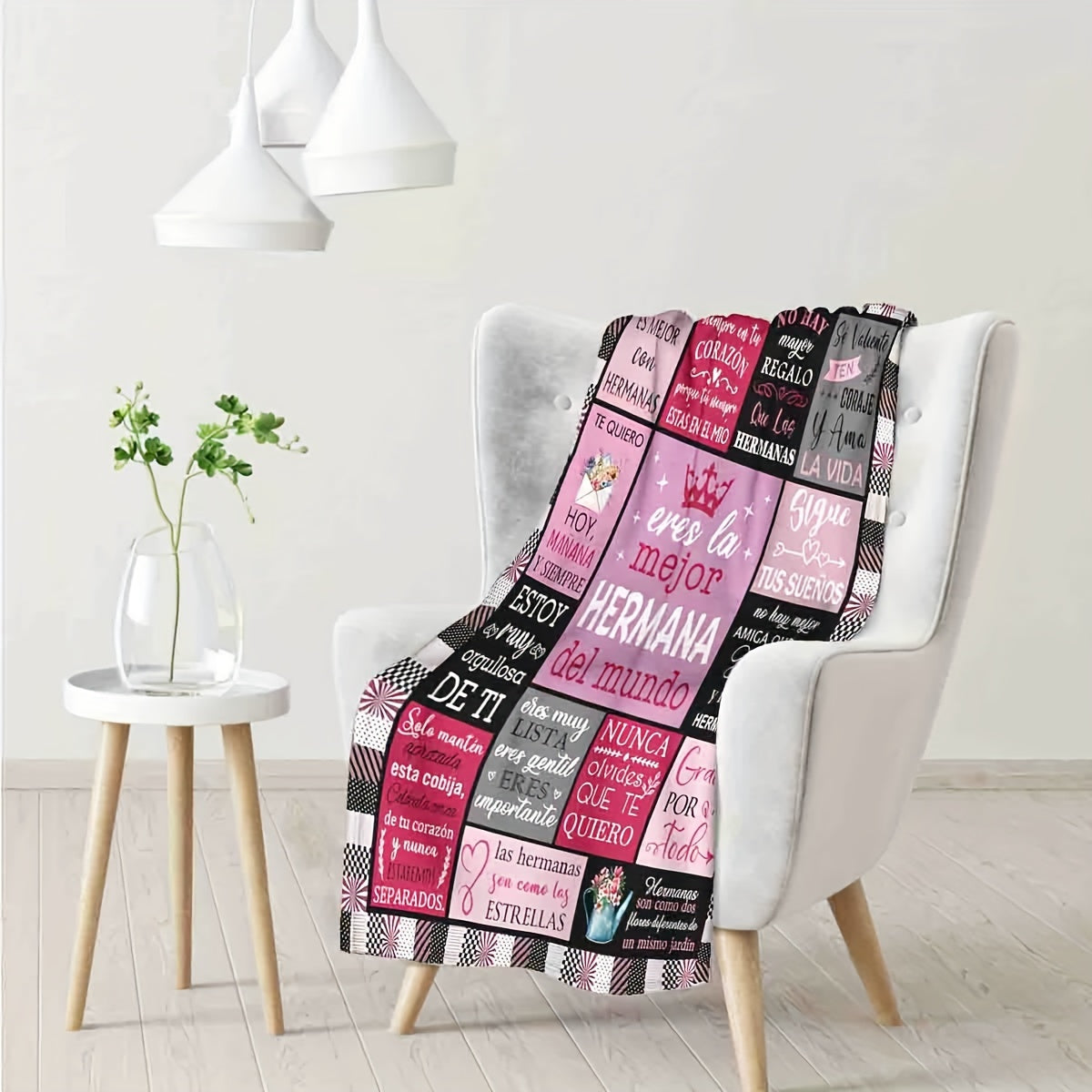 Contemporary Plaid Flannel Throw Blanket Featuring Mixed Colors and Spanish Phrases, Hypoallergenic Material for All-Season Use, Dry Clean Only, Versatile Gift for Sister - Digitally Printed on Knit Polyester Fabric