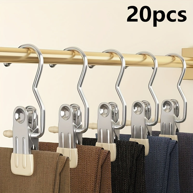 Set of 20 Stainless Steel Pants Hangers with Non-Slip Clips for Organizing Wardrobe, Versatile Clothesline Hooks for Home Use