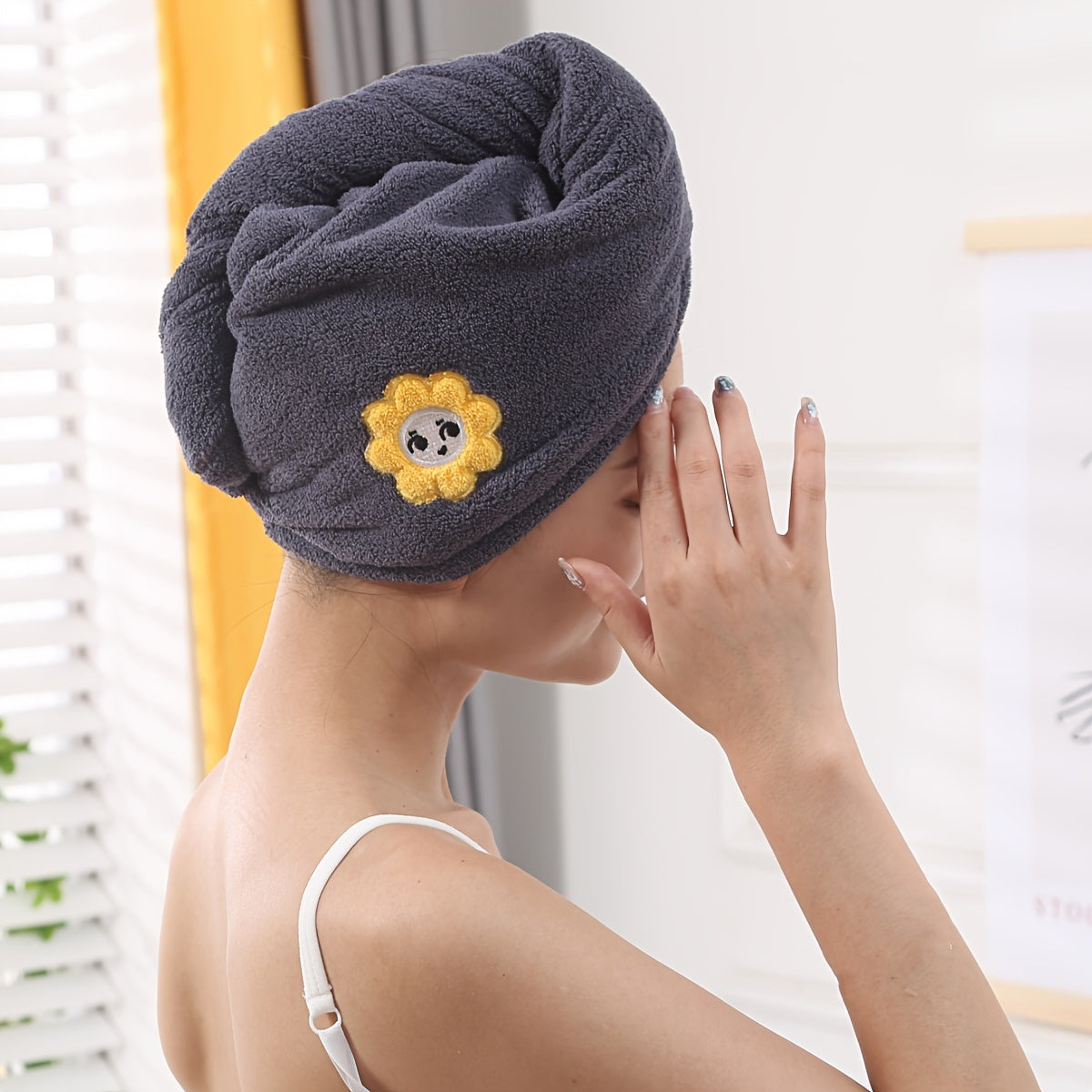 1 Hair Drying Shower Cap with Lucky Sun Embroidery coral fleece towels, bath linen, bathroom accessories - soft and absorbent.