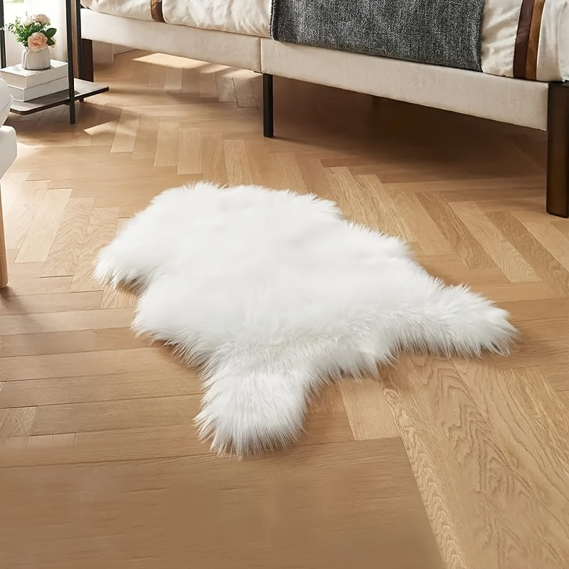 Elegant High Pile Faux Fur Area Rug made of 80% Acrylic and 20% Polyester. This rug is machine washable, stain resistant, and features a knit weave with suede backing. It comes in a solid color and an irregular shape, perfect for adding a touch of luxury