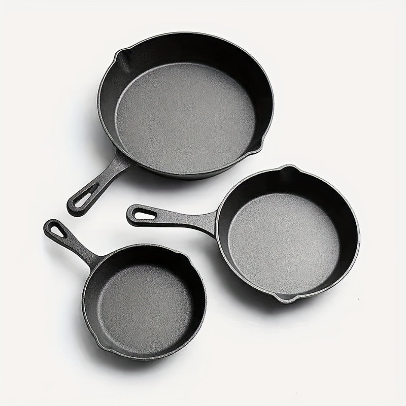 Set of 3 Cast Iron Skillets with Drip-Spouts, Pre-Seasoned for Oven Safety, Ideal for Camping and Cooking Indoors or Outdoors