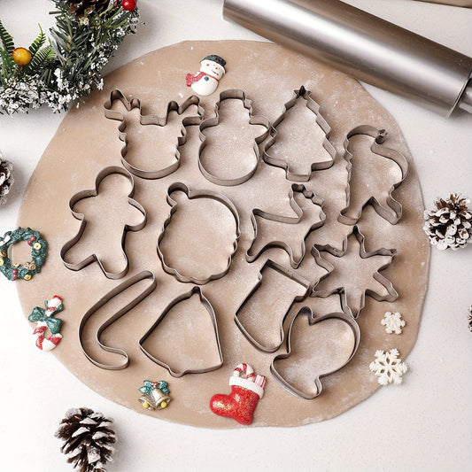 Get into the holiday spirit with our 12-piece Christmas cookie cutter set! Made of durable stainless steel, these festive molds include Christmas-themed shapes perfect for baking holiday cookies, gingerbread, and candy. Add some cheer to your kitchen