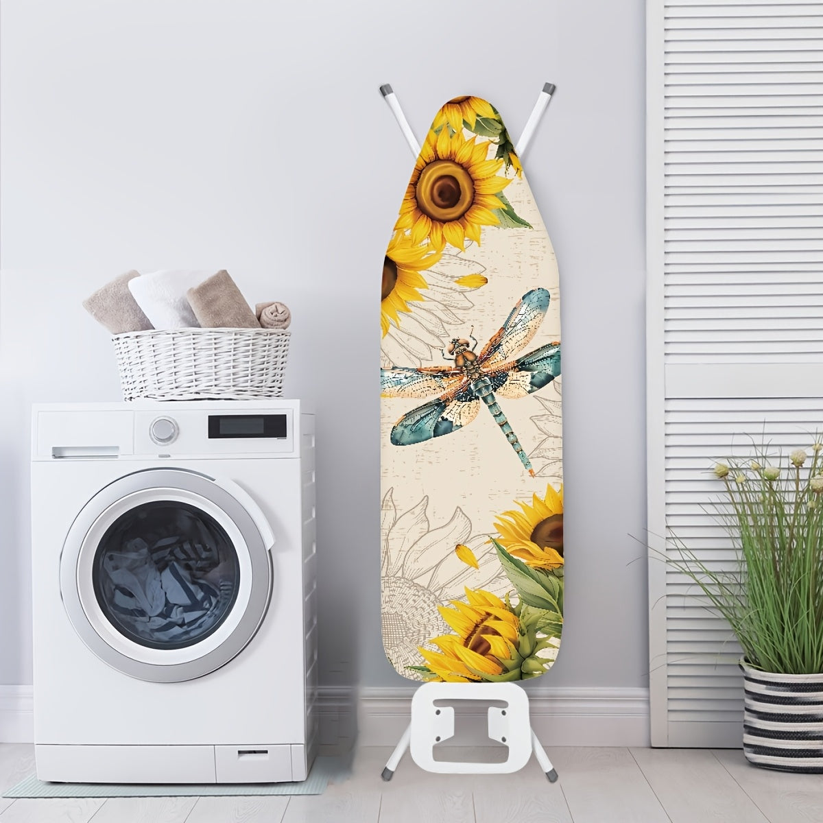 Get your vintage art dragonfly sunflower pattern ironing board dust cover with an elastic drawstring today! This cover is easy to install, heat-resistant, and includes 3 fasteners for added security after ironing.