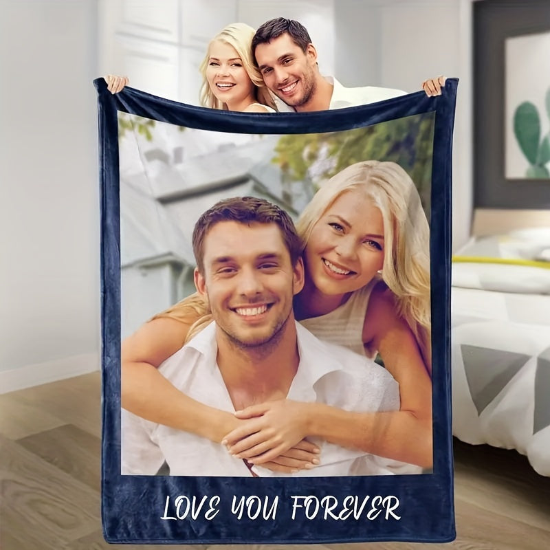 Personalized Throw Blanket with Custom "Love You Forever" Photo - Modern Digital Print, Flannel Weaving, Knitted Craft, All-Season Polyester Fleece, Perfect for Couples Gift, Mother's Day, Father's Day - 1 Piece