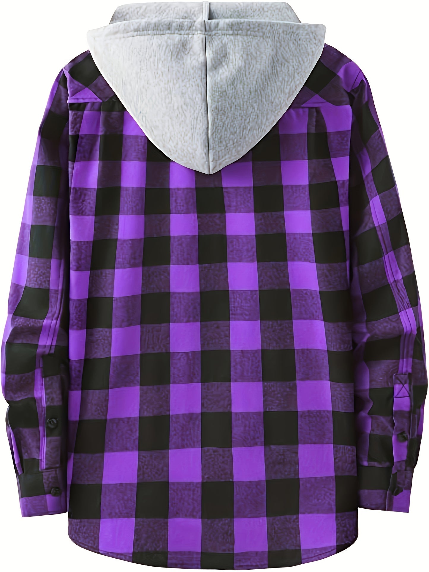 Men's plaid hooded shirt in polyester blend (70% Polyester, 30% Rayon) with non-stretch fabric, loose fit, button details. Great for spring/fall, can be layered under a jacket or worn as a