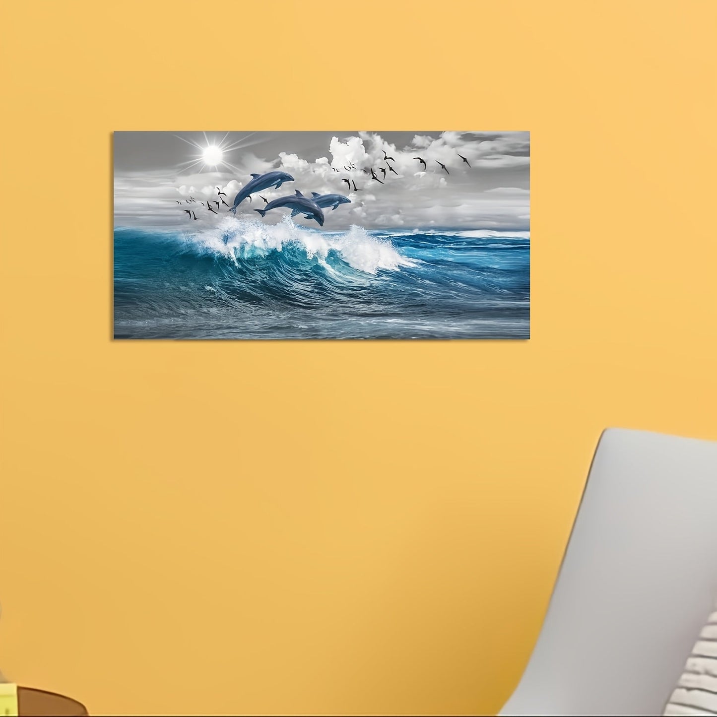 Canvas wall decoration for living room or bedroom featuring a modern blue wave design with dolphins. This large canvas art print measures 12 x 24 inches (30.64 x 60.96 cm) and comes frameless for a sleek and contemporary look. Perfect for adding a touch