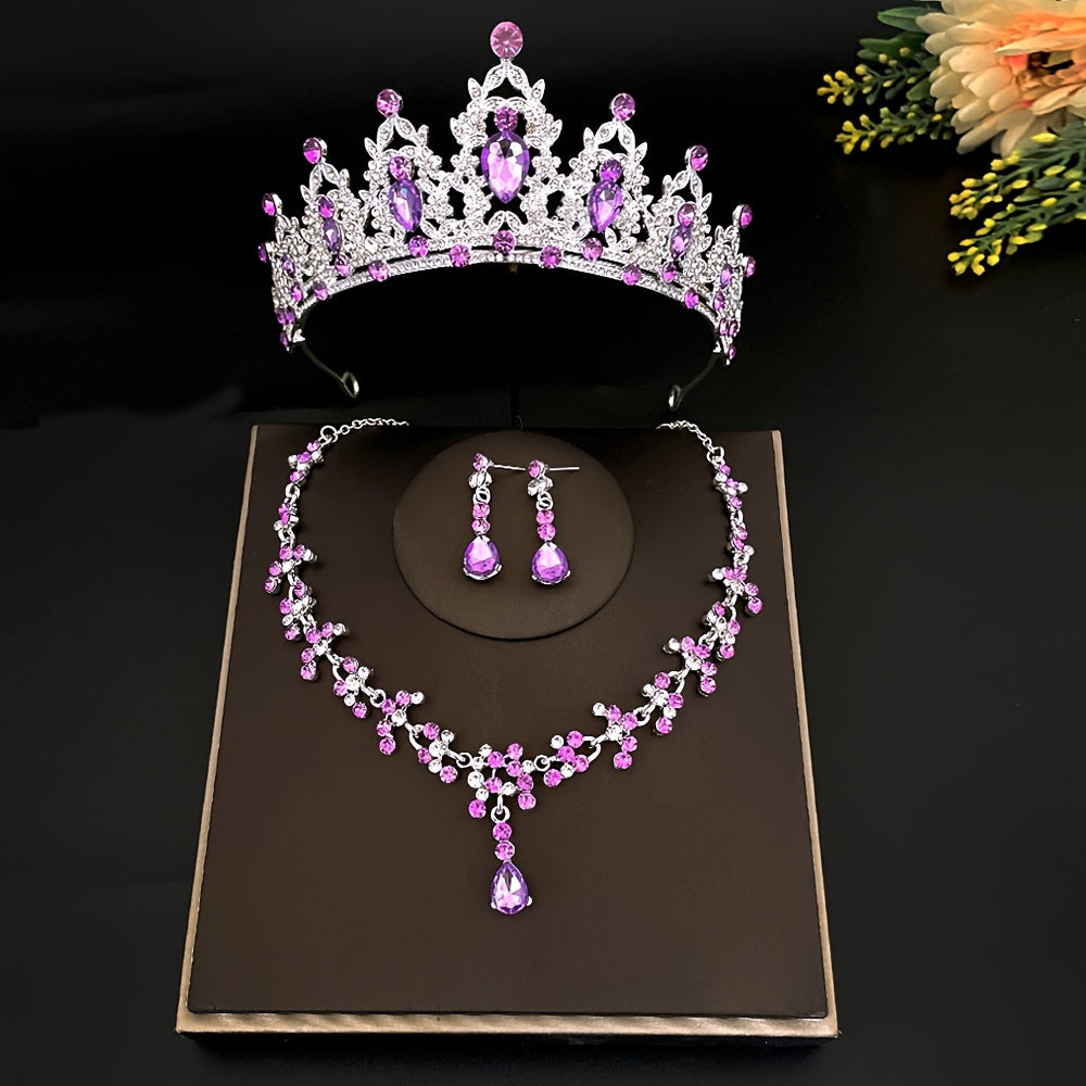 Crystal bridal tiara and crown earrings, necklace jewelry set for women and princess girls. Jeweled wedding tiara for brides, perfect for birthdays and cosplay. This set includes three pieces.