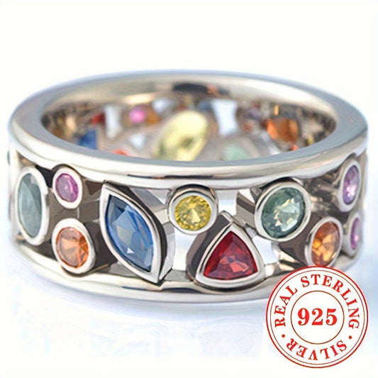 This elegant wide-faced ring for women is crafted from 925 sterling silver and weighs 5.4 grams. Featuring delicate inlaid colorful synthetic zirconia, this geometric design makes it the perfect accessory for daily wear or casual vacation jewelry gift.