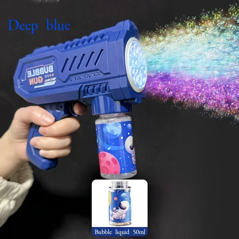 1pc Electric Bubble Gun for kids with LED lights, refillable solution, perfect for parties.