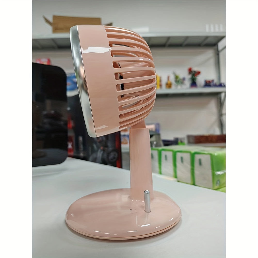 Get this essential Retro Pink USB Rechargeable Desktop Standing Fan, designed to be silent with three wind speed settings. This compact mini table fan is 90° adjustable and foldable, making it perfect for your home office.