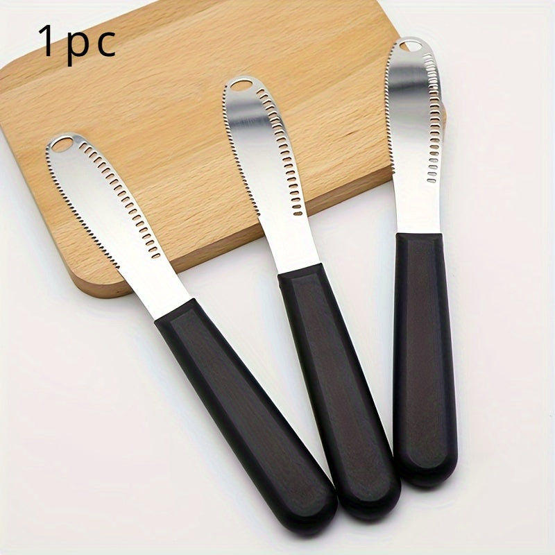 Stainless steel butter spreader for cheese, butter, jam and pastries. Set includes one or two spreader knives. Can be reused and is a household kitchen gadget.