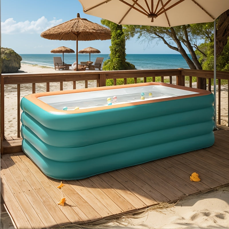 Large inflatable swimming pool for adults - 3m x 2.5m, reinforced and thickened, green and orange water park design with 4 rings, portable folding summer pool.