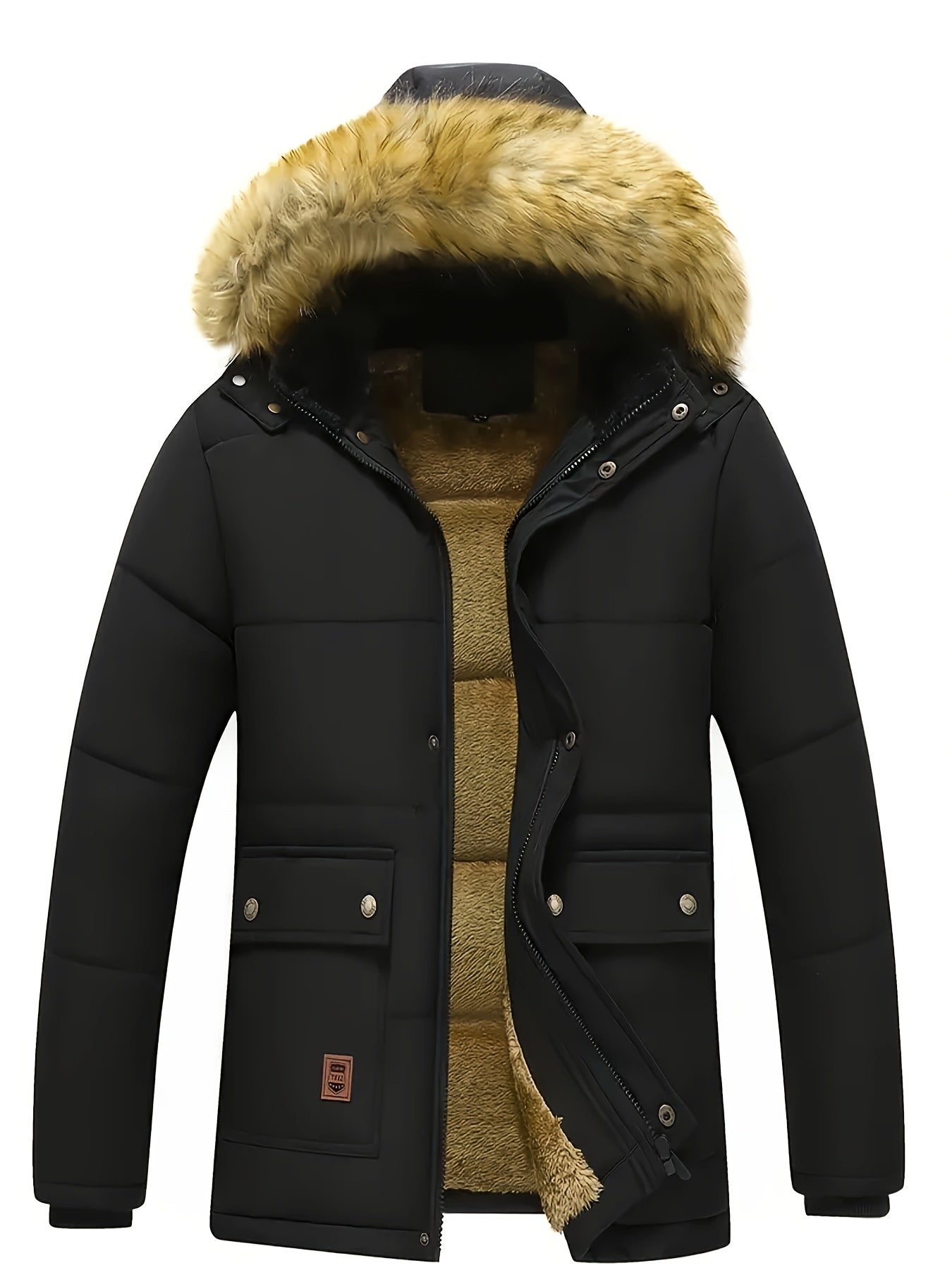 Men's Navy Blue Winter Jacket with Faux Fur Trim, Plush Lining, Zip/Snap Closure, Multi-Pocket Design. Durable, Warm Outdoor Gear.