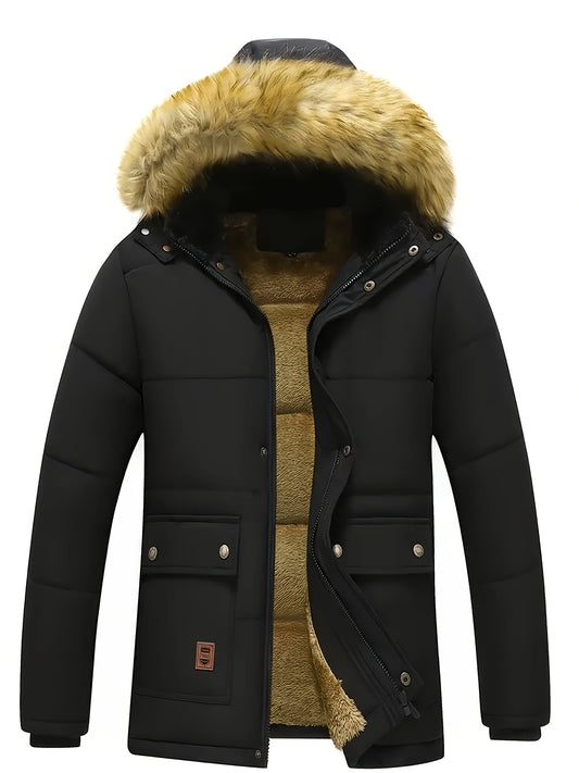 Men's Navy Blue Winter Jacket with Faux Fur Trim, Plush Lining, Zip/Snap Closure, Multi-Pocket Design. Durable, Warm Outdoor Gear.