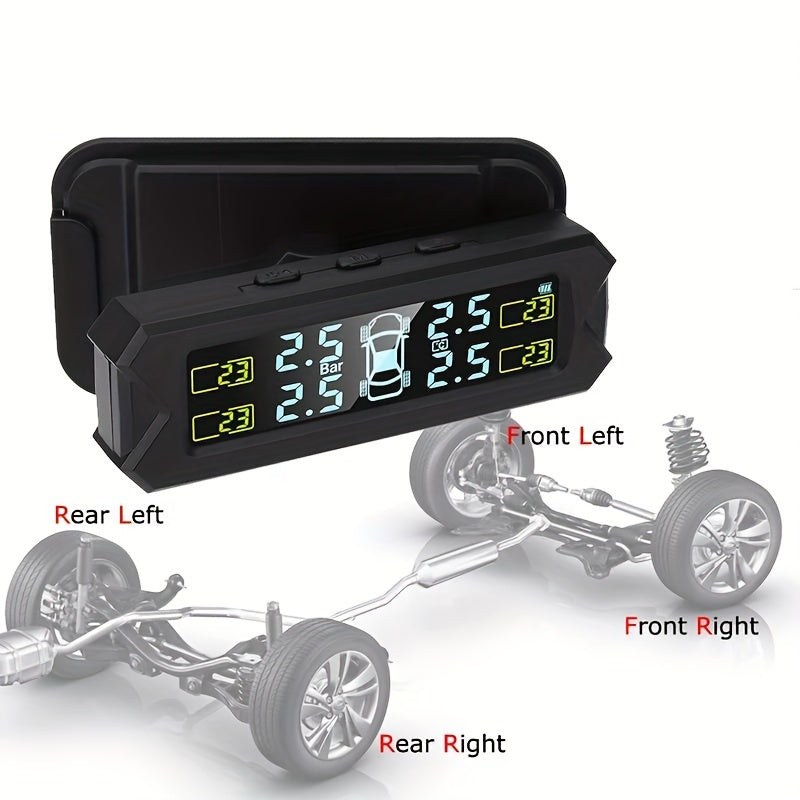 Solar-powered TPMS for accurate monitoring of wheel gas pressure, easily installed on vehicle glass.