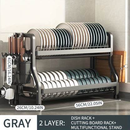 One-piece kitchen dish drying rack with cutting board and utensil holder, easy to install, large capacity, rustproof.