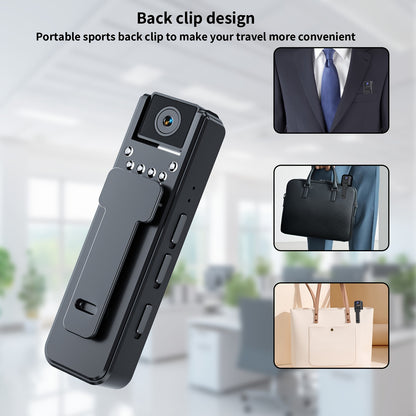 Body camera with audio and video recording, 6-hour 1080P recording, 180° rotating lens, night vision, body worn camcorder for personal travel, walking, and sports.