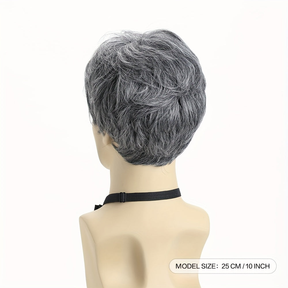 Stylish Men's Fashion Wig: Short Wavy Gray with Side Bangs, 25.4 cm in Synthetic Fiber - Perfect for Daily Wear, Role Play, Halloween, Nightclub, and Parties. Made of Durable Polyester Material, Hand Wash Recommended and Heat Resistant.