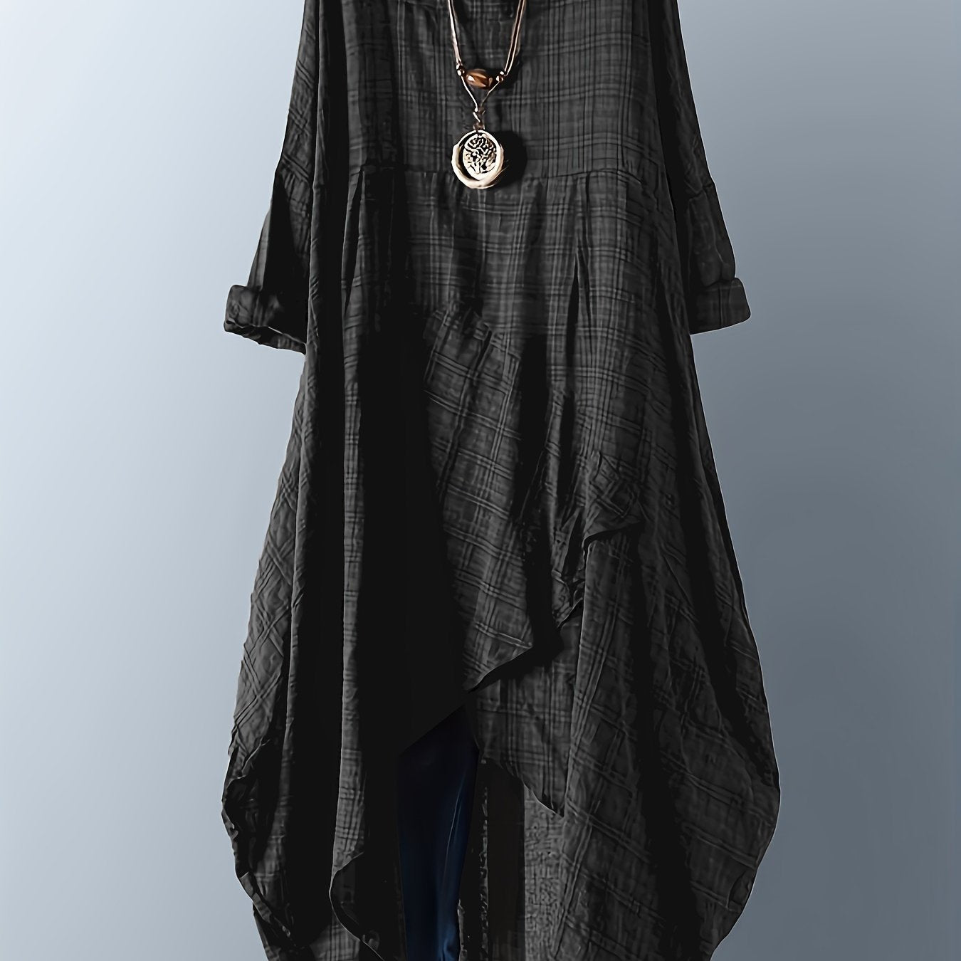 Plus size plaid print dress with round neck and asymmetrical hem for casual spring & summer wear.